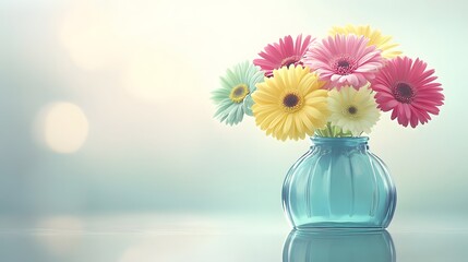 Pastel Gerbera Daisies in Teal Glass Vase Soft Bokeh Background