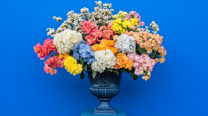 Vibrant Rainbow Flower Arrangement in Blue Urn