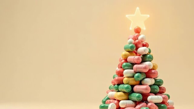 Stacked colorful capsules shaped like a christmas tree with glowing star, right aligned on pale beige background with wide copy space and soft shadow, concept of healthcare advertising