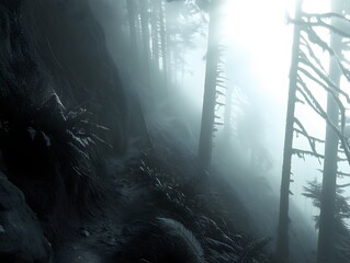 Misty Forest Path, Eerie Trail Through Foggy Woods