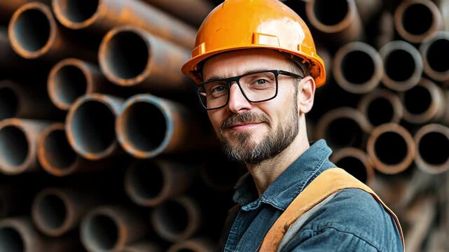 Smiling construction worker wearing hard hat in front of stacked metal pipes.