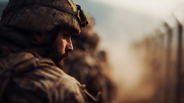 A determined soldier in tactical gear stands ready in a dusty tense military environment during wartime facing an unseen threat
