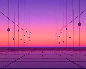 Abstract Purple Sunset Landscape with Hanging Spheres and Geometric Lines
