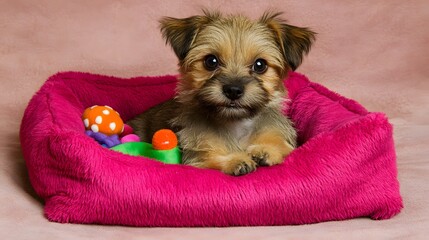 Adorable Puppy in Pink Pet Bed with Toys