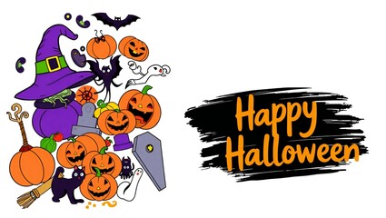 Happy halloween illustration with witch pumpkins and bats