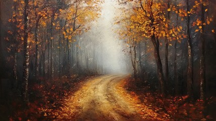 Fototapeta premium Stunning impressionist oil painting captures a misty autumn forest path bathed in golden light, evoking serene contemplation and natural beauty.