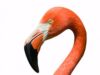 Striking flamingo portrait showcasing vibrant coral plumage and distinctive curved beak, perfect for tropical themes or avian studies
