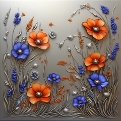 Textured Floral Art Painting Orange Blue Flowers Silver Background