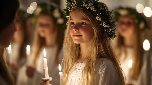 Lucia procession with girls holding candles and wearing flower crowns, festive mood.