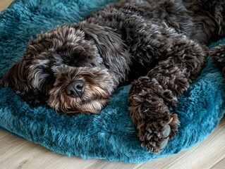 Adorable Fluffy Dog Sleeping Peacefully on Teal Dog Bed