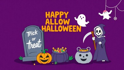 Happy halloween greeting with grim reaper pumpkin and ghosts