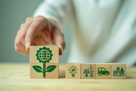 Hand placing eco friendly green symbol blocks representing sustainability future concepts in business