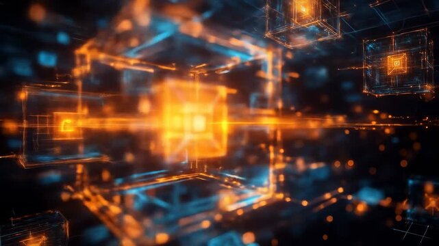 Floating wireframe cubes glow orange, blue; tech abstract