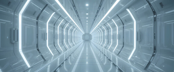 Obraz premium Futuristic glowing sci fi corridor with clean modern design and seamless lighting, perfect for technology and innovation themes.