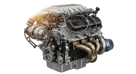 Realistic high performance V8 car engine isolated Transparent Background
