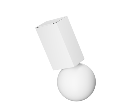 White blank product box balances on sphere, isolated for mockup design., 3d illustration