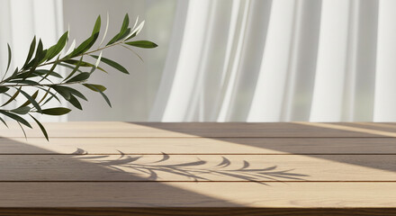 Natural Light Wooden Table with Olive Branch and Shadow Overlay Minimalist Product Display Background