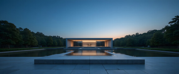 Serene modern architectural masterpiece with tranquil water reflection at twilight, embodying minimalist design and peaceful ambiance.