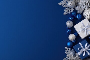Holiday gifts and ornaments on a deep blue background