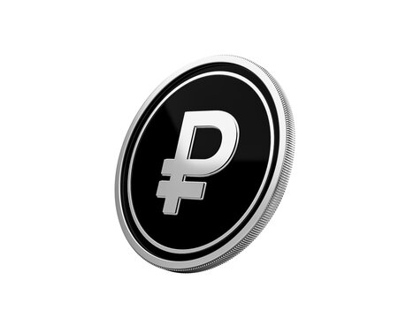 Metallic Russian Ruble currency symbol on a silver coin against black.