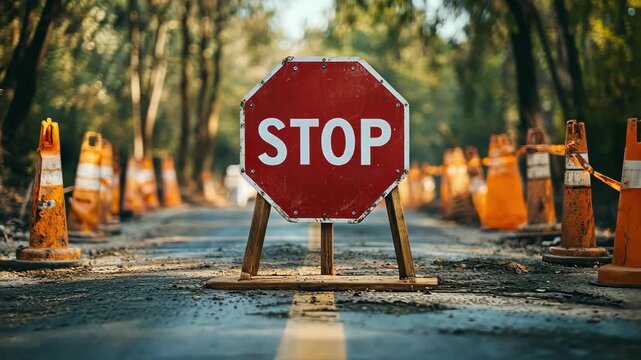 Road closed with stop sign and traffic cones on a tree-lined street.