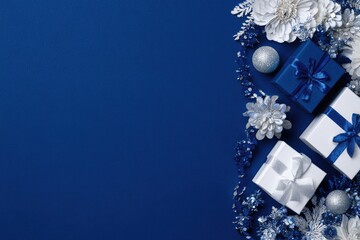 Festive Christmas gifts & decorations in a deep blue background