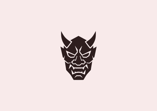 A simple geometric oni mask logo, merging Japanese folklore and strength in a stylized geometric abstraction