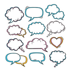 Obraz premium Collection of hand-drawn speech bubbles and thought clouds with colorful outlines and empty space for text.