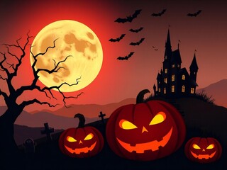 Spooky halloween scene with glowing pumpkins and haunted castle under a full moon