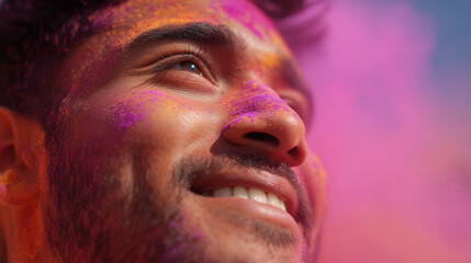 Close-up of a man’s face covered in vibrant Holi colors, his upward gaze reflects joy, freedom and unity against the backdrop of the spring color festival.