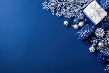 Christmas gifts and ornaments in deep blue