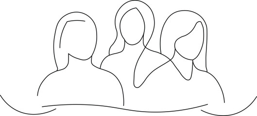 Simple line art illustration showing three women standing together in solidarity, perfect for empowering messages of unity, female friendship, and collaboration, or a professional team © Safdarali