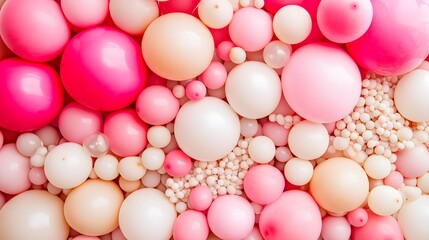 Pastel pink and white balloons creating a celebration decorative background with confetti.