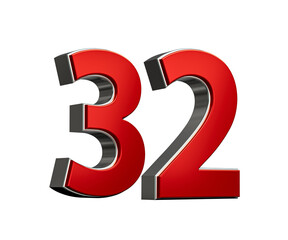 Bold Vibrant Red Number Thirty two Number 32 With Sleek Metallic White Background 3D Illustration