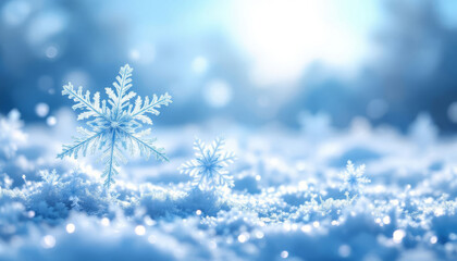 A close-up of delicate, crystalline snowflakes resting on soft, fluffy snow against a blue background. Bokeh lights softly glow creation the magical winter atmosphere. Generative AI