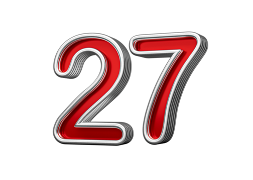 Vibrant Red Number Twenty seven 27 With Metallic Gleam And Beveled Edges, 3D Illustration