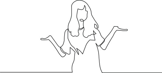 Confused woman shrugging with open palms in continuous line art style showcasing uncertainty or ignorance for modern designs and creative presentations