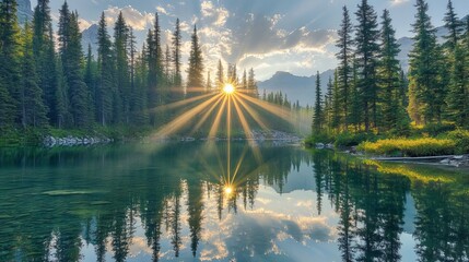 Stunning sunrise paints a serene mountain lake with radiant sunbeams, creating a breathtaking reflection amidst lush evergreen forests and dramatic sky.