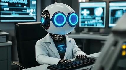 Futuristic robot scientist working in a lab, analyzing data on screens. - Powered by Adobe