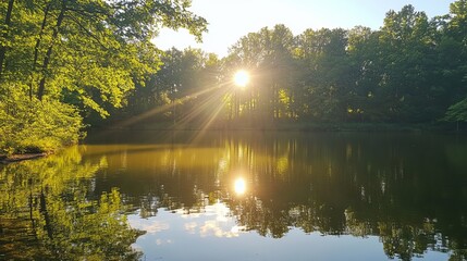 Obraz premium Golden sunbeams pierce lush green forest canopy, casting radiant light onto serene lake reflecting vibrant trees and sky
