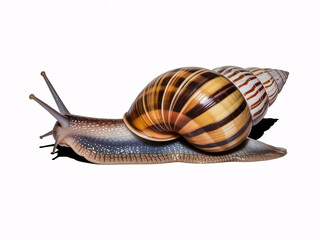 Detailed snail crawling slowly showing its striped shell, antennas, and textured body, a glimpse into nature's miniature wonders