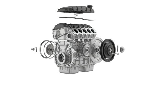 Realistic Car Engine Exploded View Isolated Transparent Background