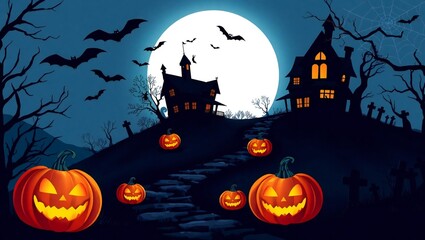 Spooky halloween night with haunted house pumpkins and bats under a full moon