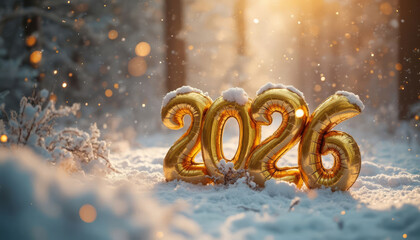 Shiny gold foil balloons in the shape of the numbers 2026 in the snow. Soft golden bokeh and snowflakes flutter in the forest background creating a holiday atmosphere. Generative AI