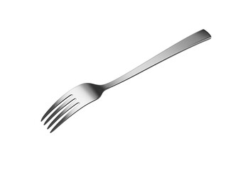 A sleek stainless steel fork with a reflective finish and a slightly curved handle. 3D Illustration