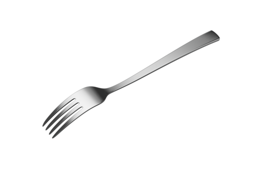 A sleek stainless steel fork with a reflective finish and a slightly curved handle. 3D Illustration