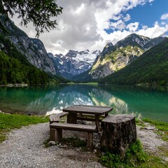 Scenic view of a mountain lake with picnic area