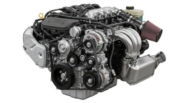 Realistic Modern Car Engine Isolated on Transparent Background