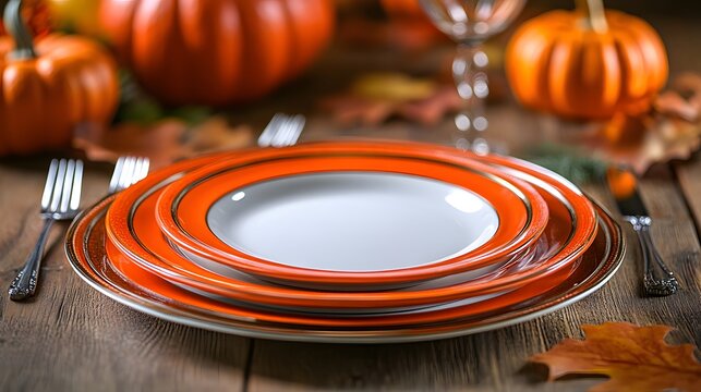 Autumn Thanksgiving Table Setting with Orange Plates and Pumpkins