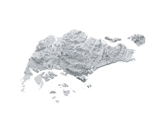 Snowy Singapore Map White and Gray Shaded Relief Textured. 3D illustration